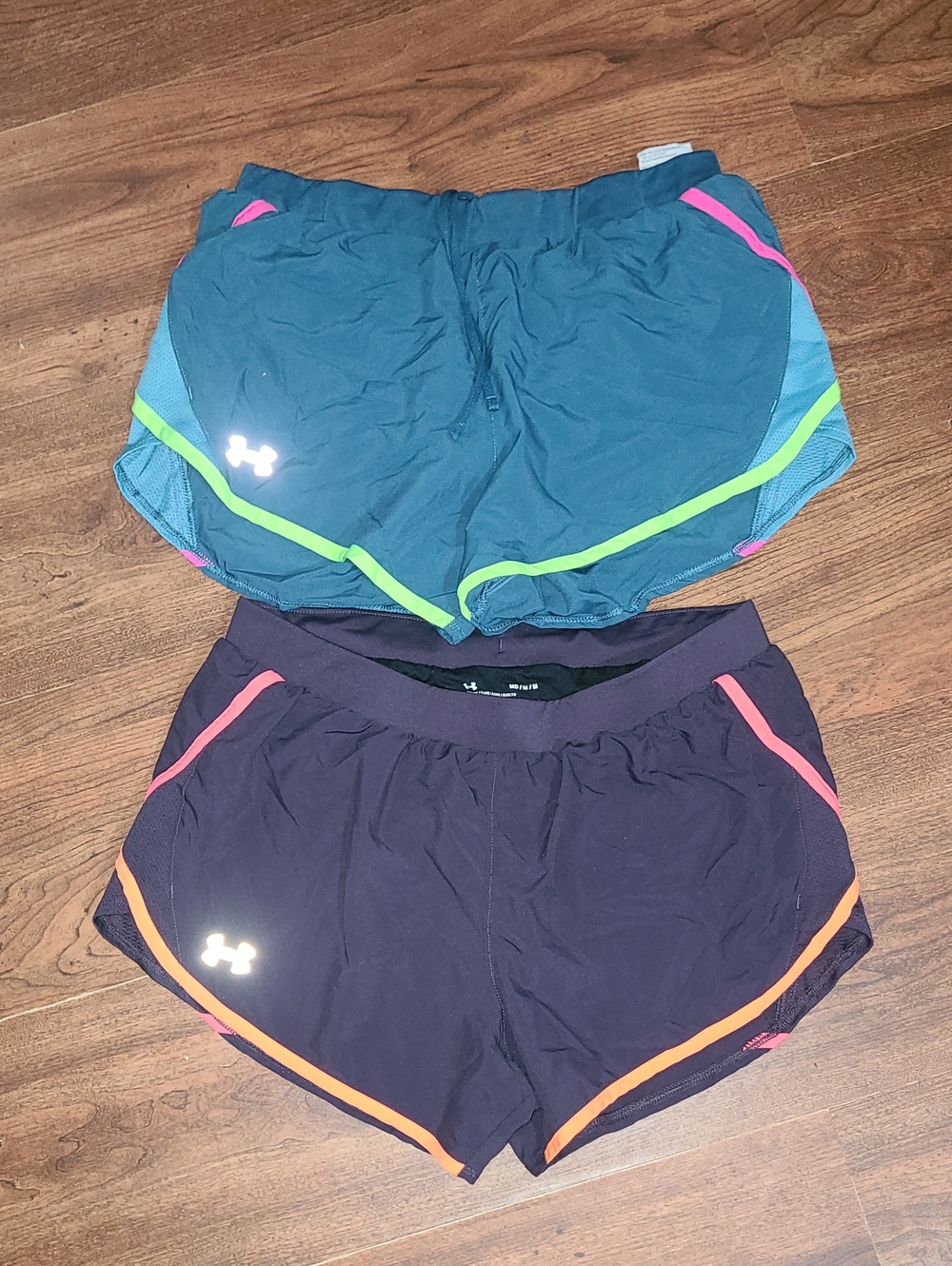 Under Armour Women's Two-Pair Athletic Shorts — Teal/ Purple with Neon Size M
